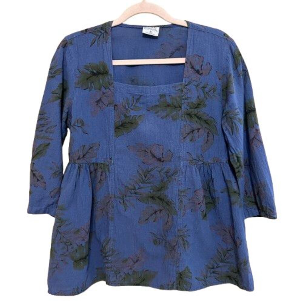 CMC Color Me Cotton Top Womens Medium Blue Floral Square Neck Boho Cottage Artsy